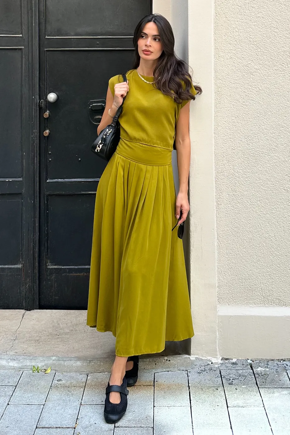 Bayan Yeşil %100 Tencel Pile  Detaylı  Midi Etek