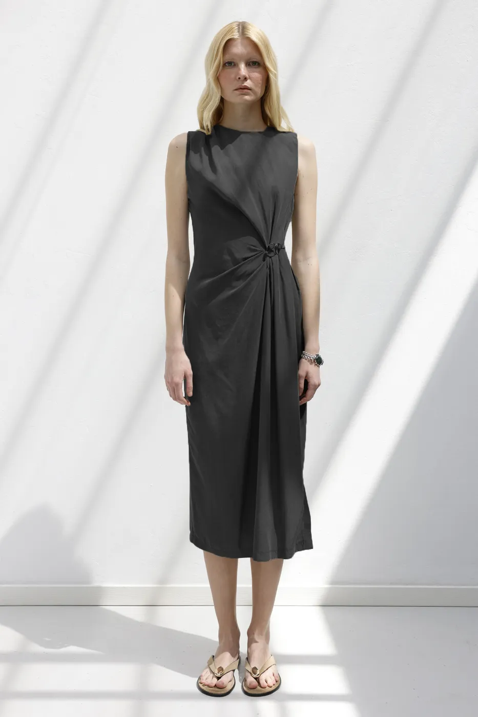 Bayan Antrasit Tencel Drape Detaylı Midi Elbise