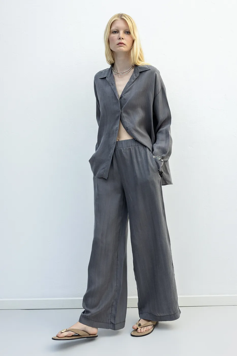 Bayan Antrasit Lyocell Oversize Pantolon