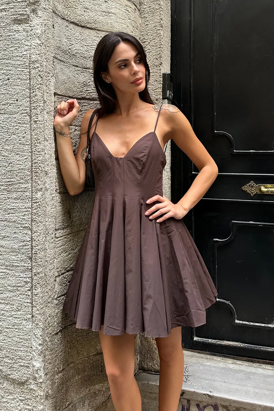 Bayan Kahverengi Askılı Poplin Mini Elbise