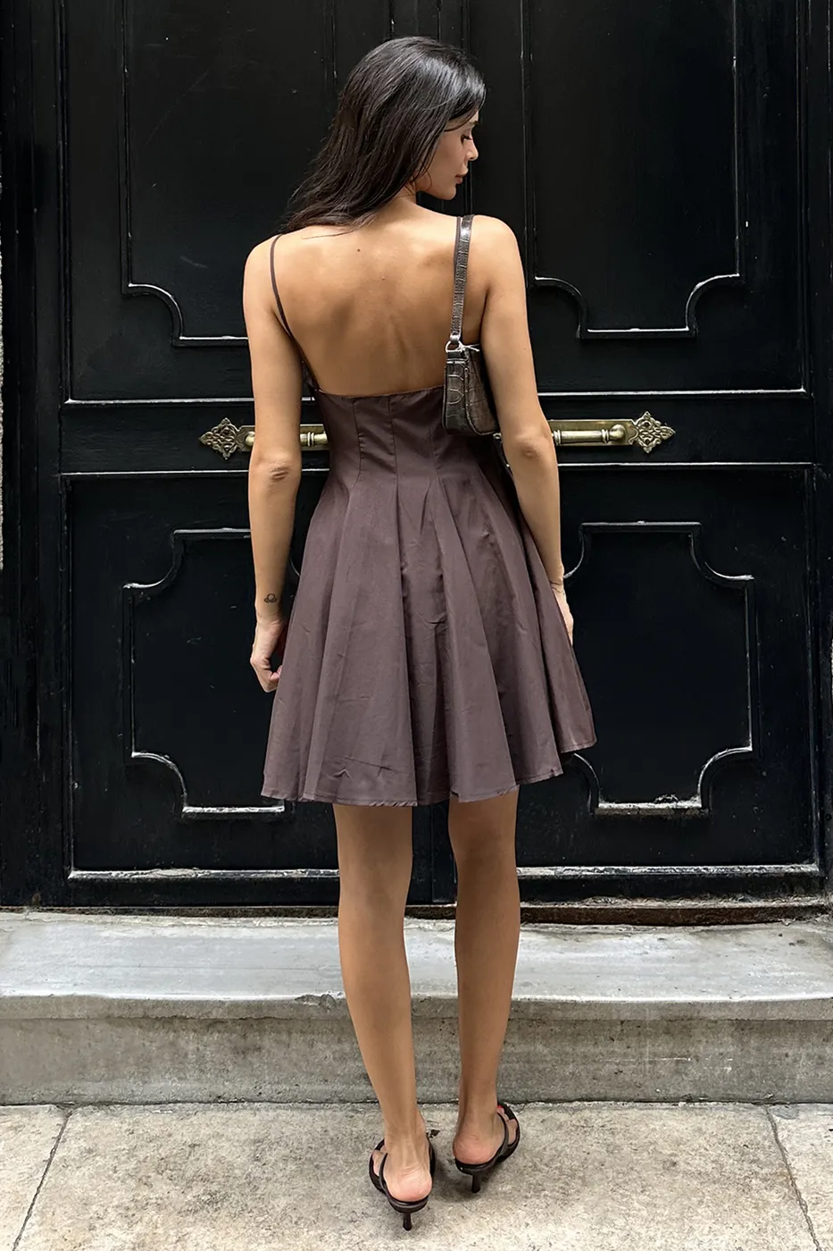 Bayan Kahverengi Askılı Poplin Mini Elbise