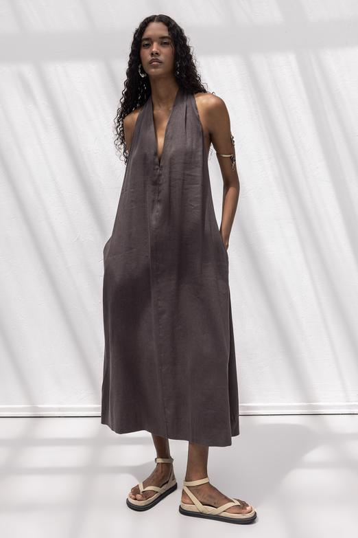 Oversize Keten Karışım Midi Elbise