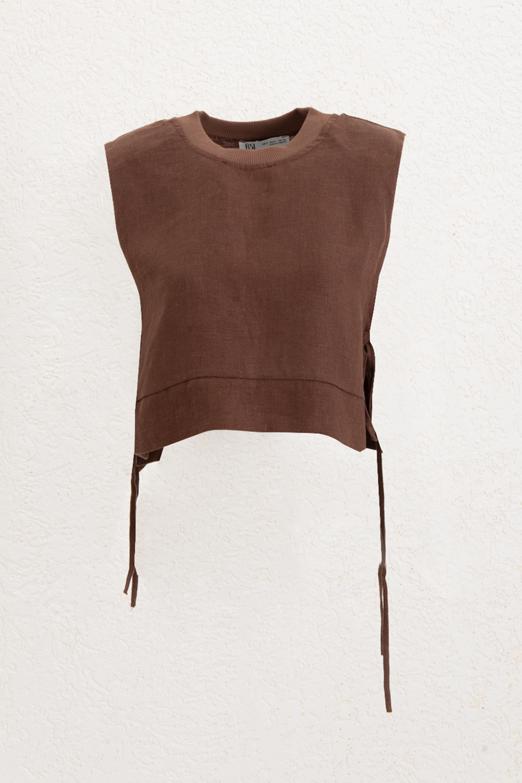 Yandan  Bağcıklı  Crop Keten  Bluz