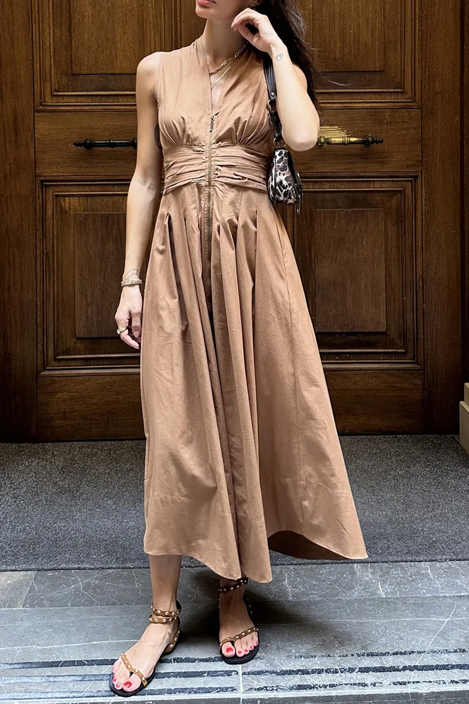 Bayan Camel Piliseli Cotton Midi Elbise