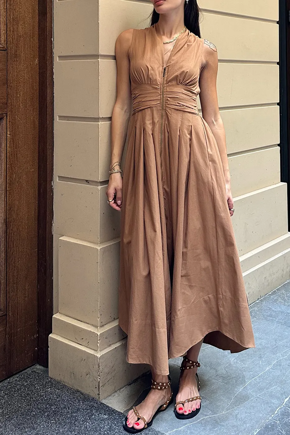 Bayan Camel Piliseli Cotton Midi Elbise