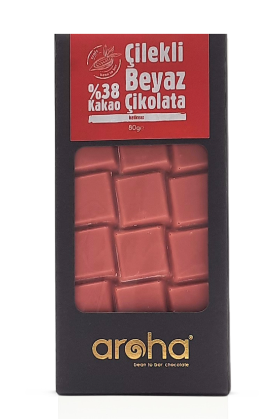 Erkek genel %38 Kakao, Çilekli Beyaz Çikolata. 80 Gr.