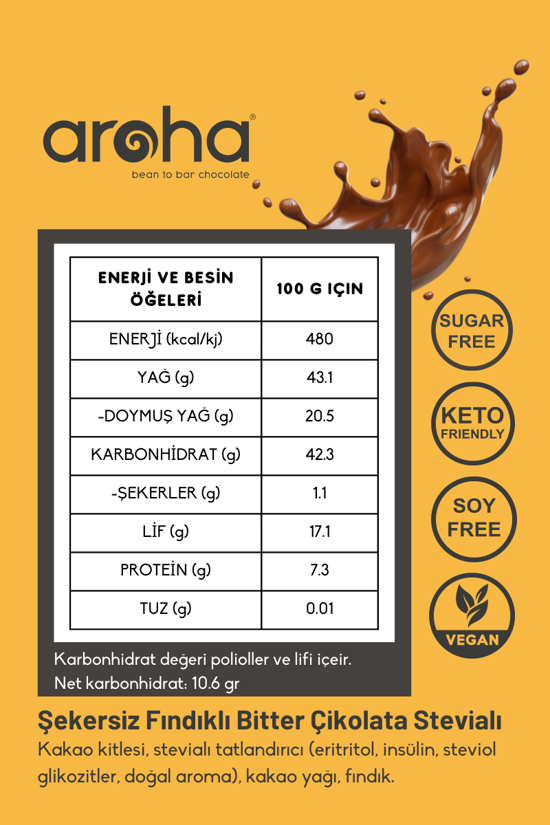 Erkek genel Stevialı %60 Bitter Çikolata Fındıklı 100gr