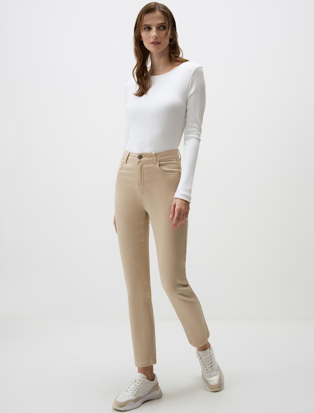 ★KIRSH★ Kirsch High Waist Coated Denim Pants Beige High Waist Regular Leg Denim Pants