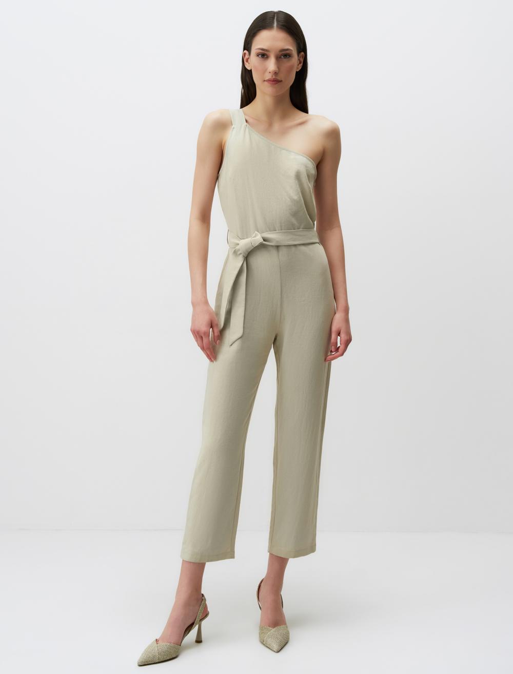One Shoulder Belted Linen Jumpsuit One Shoulder Belted Linen Jumpsuit