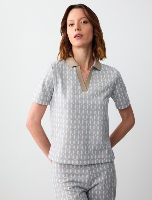 Patterned Polo Collar Short Sleeve Knitted Blouse