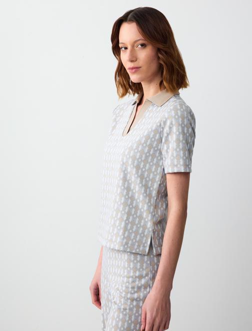 Patterned Polo Collar Short Sleeve Knitted Blouse