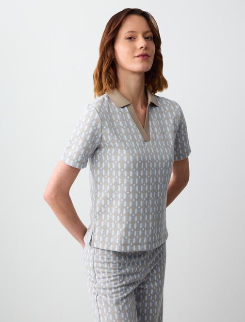 Patterned Polo Collar Short Sleeve Knitted Blouse