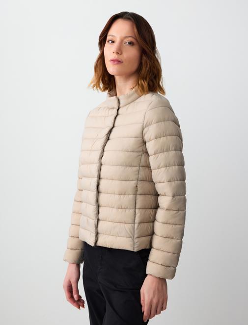 beige inflatable coat combo