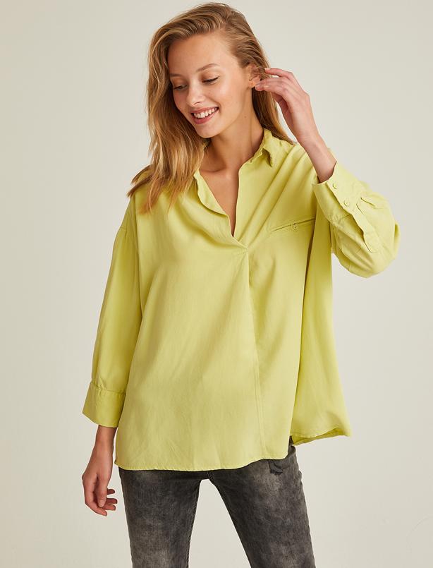 Bayan Sarı Geniş Kalıp Neon Tencel Gömlek