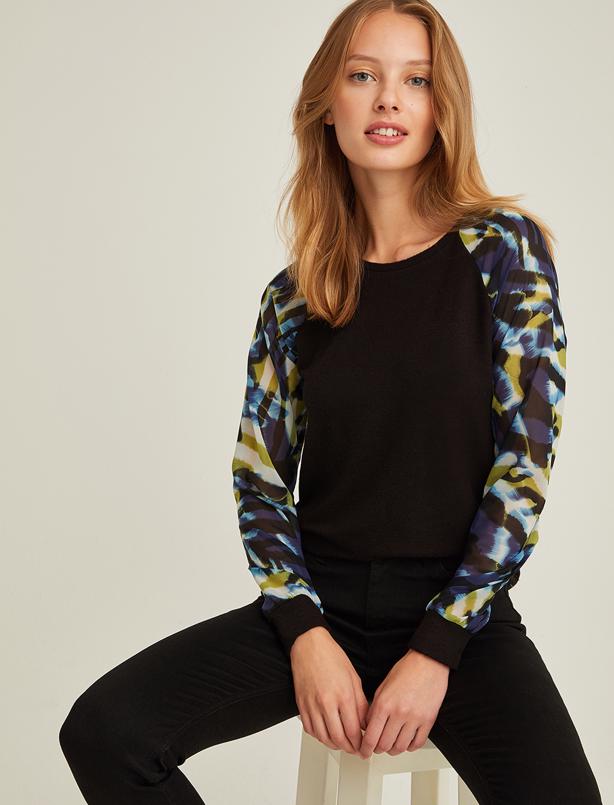 Bayan Siyah Neon Desenli Transparan Uzun Kollu Bluz