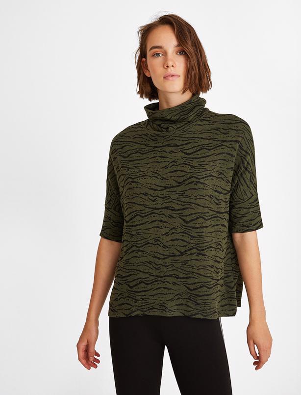 Bayan Yağ Yeşili Dik Yaka Yarım Kollu Desenli Örme Bluz