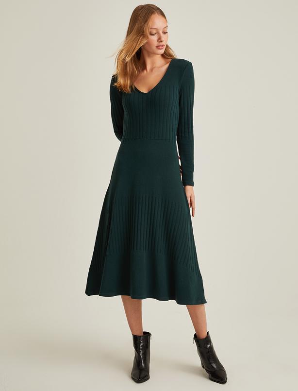 Bayan Yeşil V Yaka Uzun Kollu Fitilli Triko Elbise