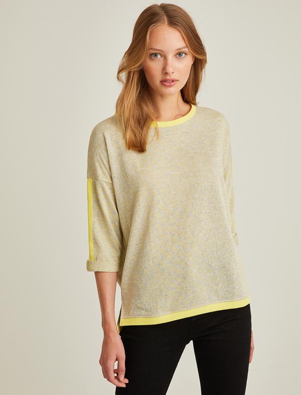Bayan Sarı Neon Şeritli Desenli Sweatshirt
