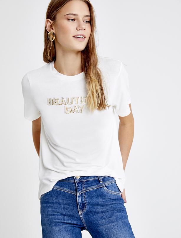 Bayan Ekru Beautiful Day Nakışlı Kısa Kollu Basic T-Shirt