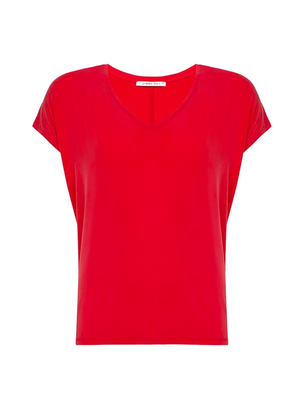 Bayan Kırmızı Yumuşak Dokulu Cupro Kısa Kollu V Yaka Basic T-Shirt
