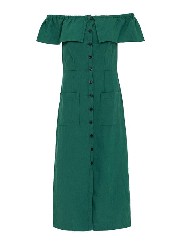 Bayan Yeşil Düğme Detaylı Off-Shoulder Keten Elbise