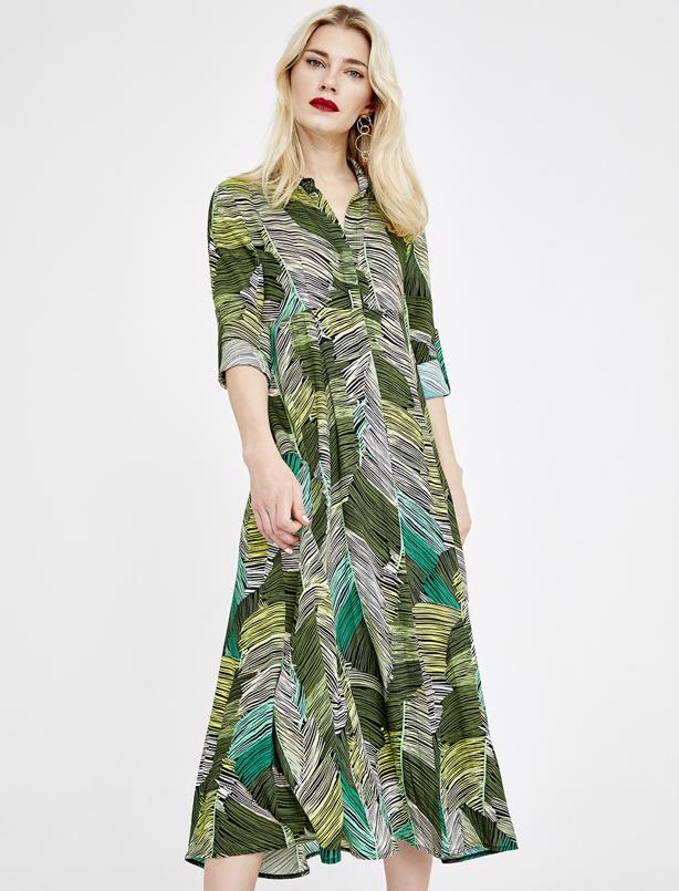 Bayan Yeşil Tropik Desenli Gömlek Elbise