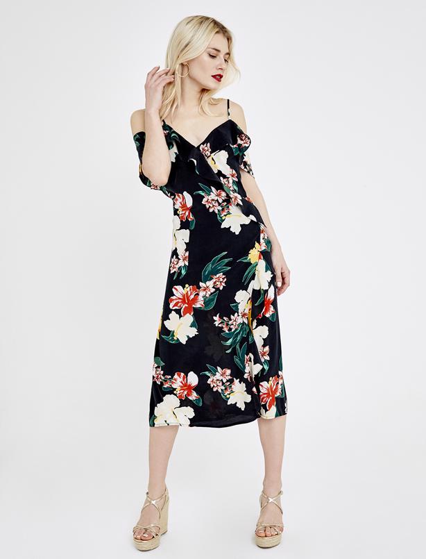 Bayan Siyah Çiçek Desenli Volanlı Askılı Kısa Kollu Elbise