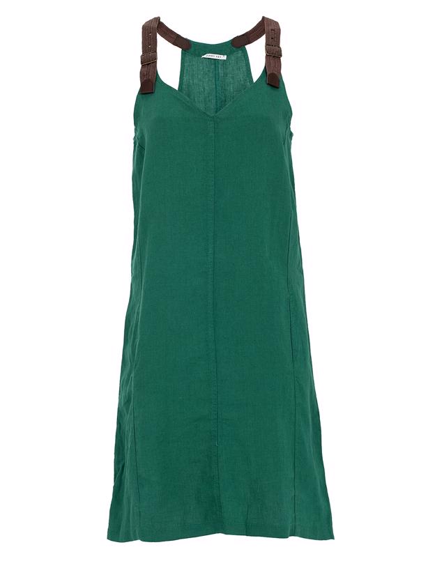 Bayan Yeşil Kemer Askılı A Kesim Keten Elbise