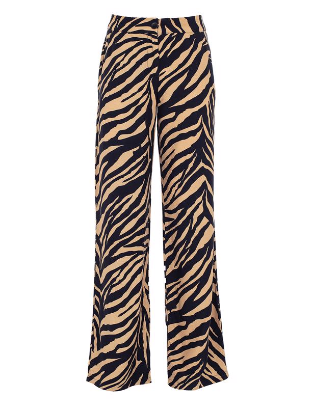 Bayan Koyu Deve Tüyü Zebra Desenli Flare Pantolon