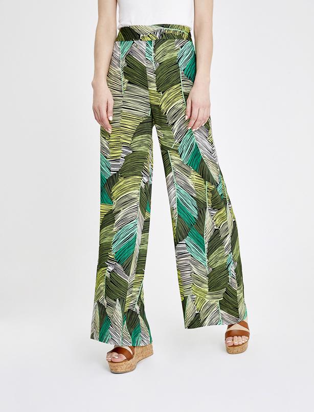 Bayan Yeşil Yaprak Desenli Dokuma Pantolon