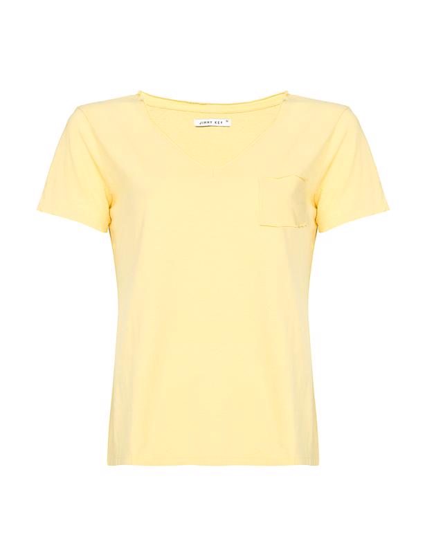 Bayan Sarı V Yaka Cep Detaylı T-shirt