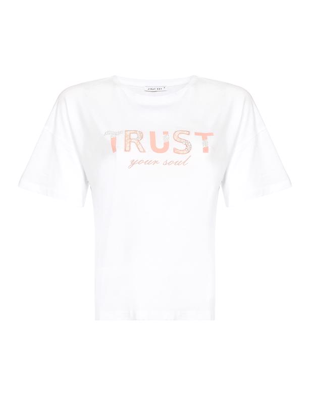 Bayan Beyaz Trust Grafik Baskılı Kısa Kollu Basic T-shirt