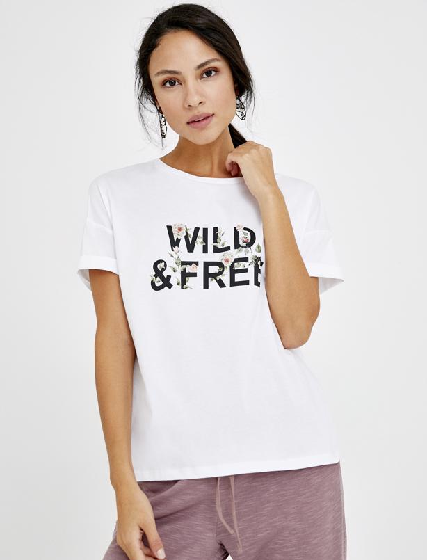 Bayan Beyaz Wild Free Baskı Detaylı Tshirt