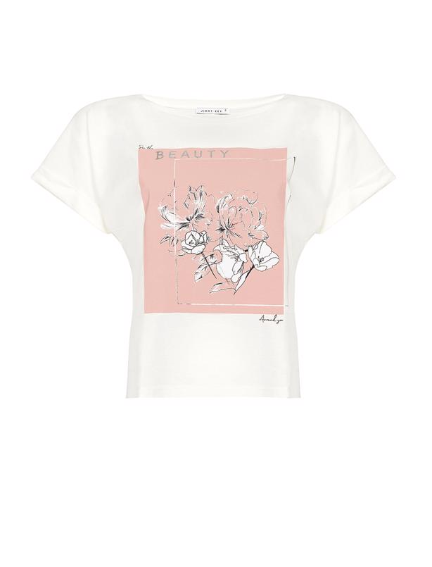 Bayan Beyaz Kayık Yaka Özel Tasarım Desenli T-shirt