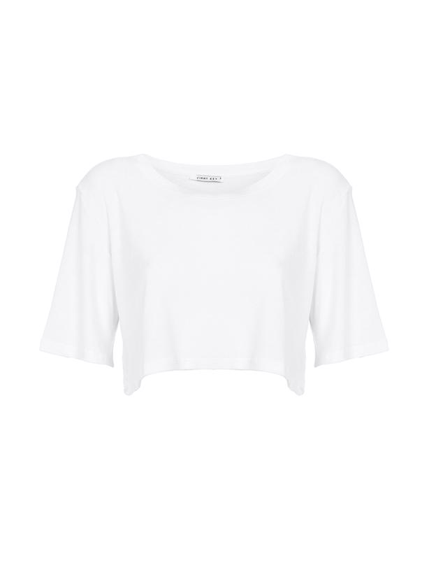 Bayan Beyaz Geniş Yakalı Crop Top T-shirt