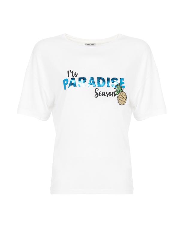 Bayan Ekru Ananaslı Paradise Slogan Tshirt