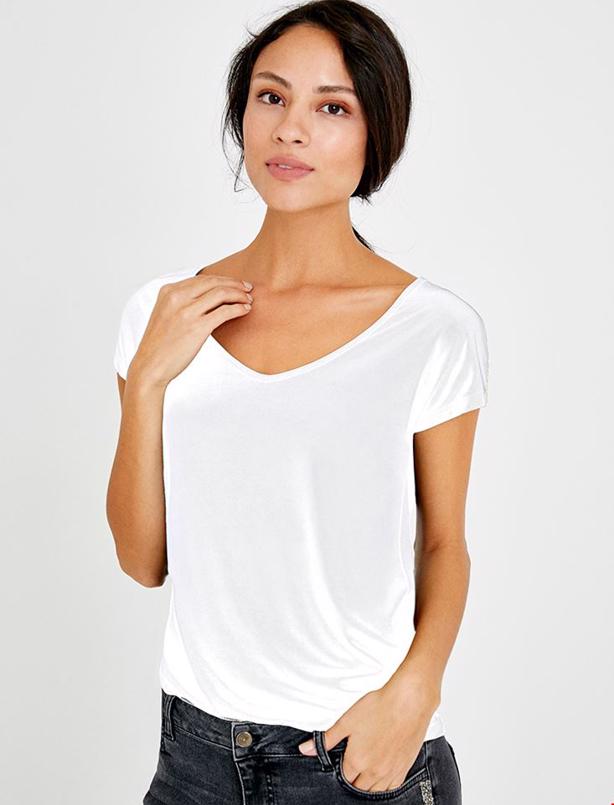 Bayan Beyaz Geniş Yaka Kısa Kollu Basic T-shirt
