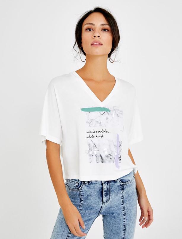 Bayan Ekru Baskı Detaylı T-shirt
