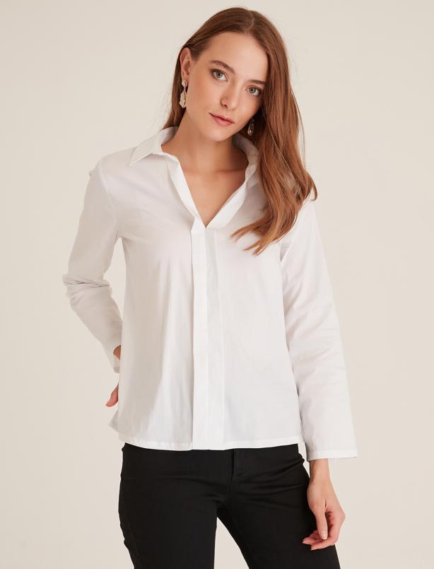 Bayan Beyaz Gömlek Yaka Uzun Kollu Bluz