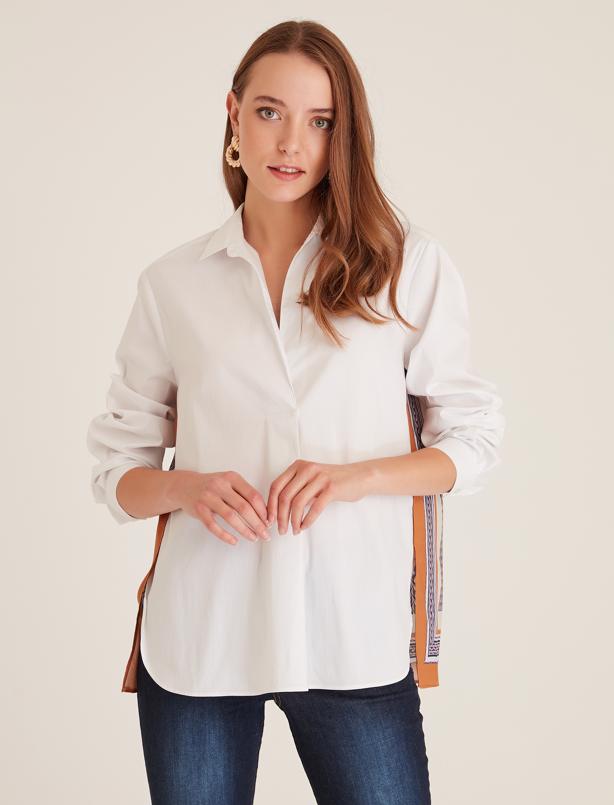 Bayan Beyaz Arkası Desenli Gömlek Yaka Bluz