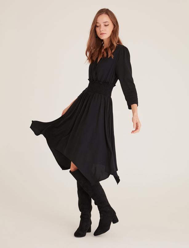 Bayan Siyah Beli Oturtmalı Uzun Kol Midi Elbise