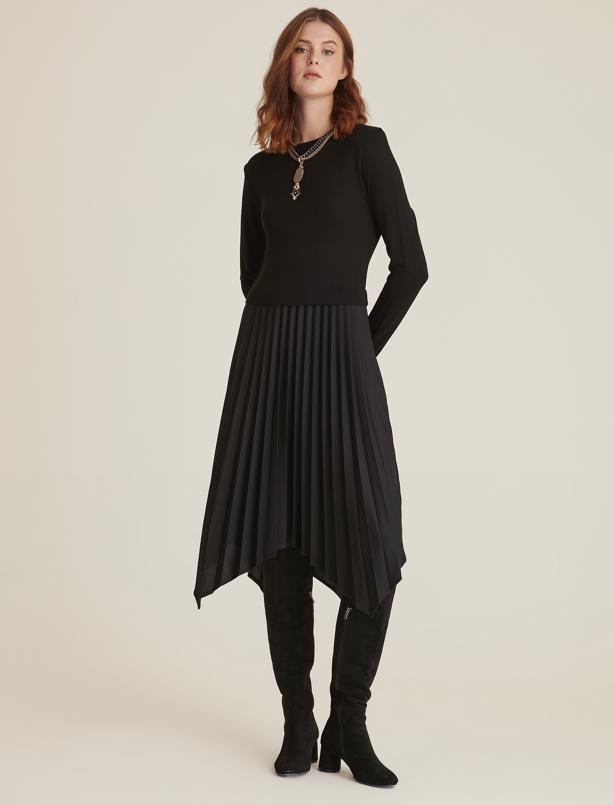 Bayan Siyah İki Parça Uzun Kol Asimetrik Elbise