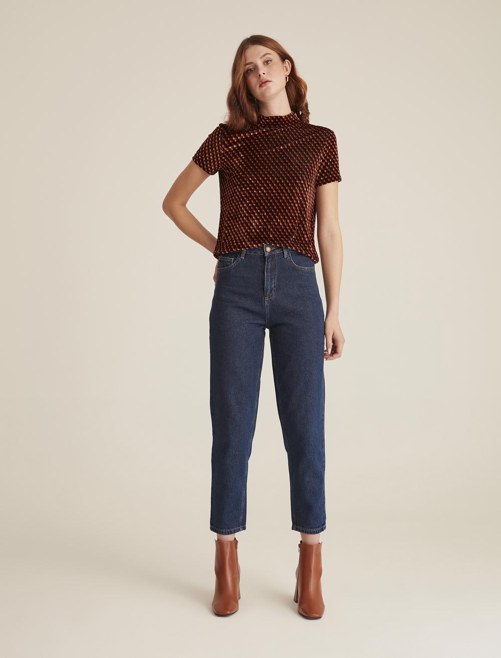 Bayan Denizci Mavisi Normal Bel Mom Fit Denim Pantolon