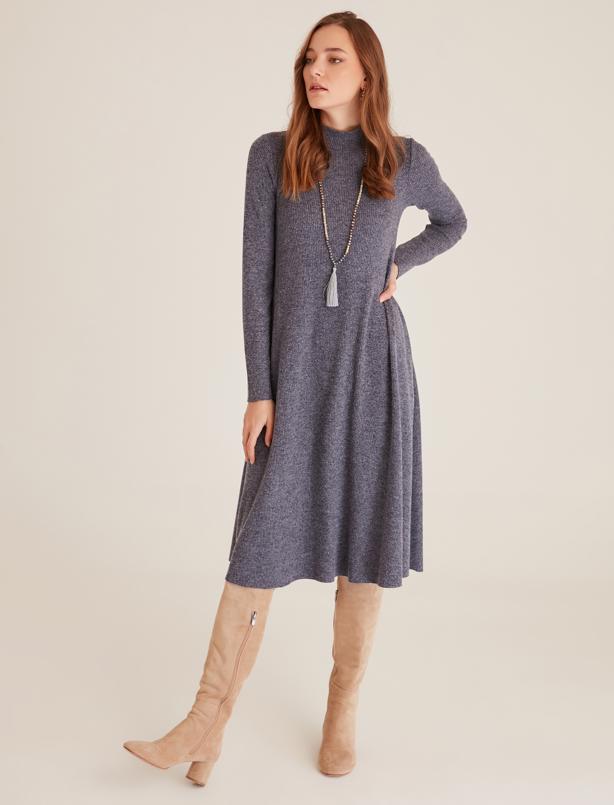 Bayan Mavi Yüksek Yaka Uzun Kollu Soft Touch Elbise