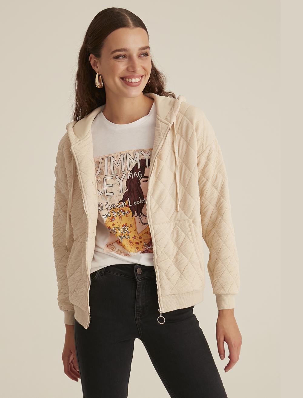Bayan Açık Bej Fermuarlı Kapitone Sweatshirt