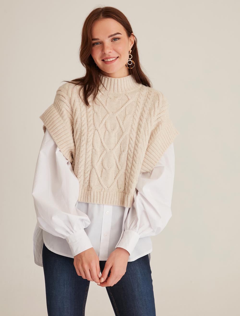 Bayan Ekru Triko ve Gömlek Detaylı Sweatshirt