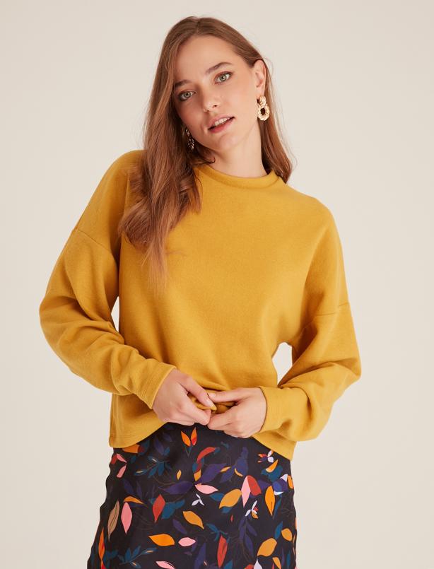 Bayan Sarı Bisiklet Yaka Soft Touch Basic Sweatshirt