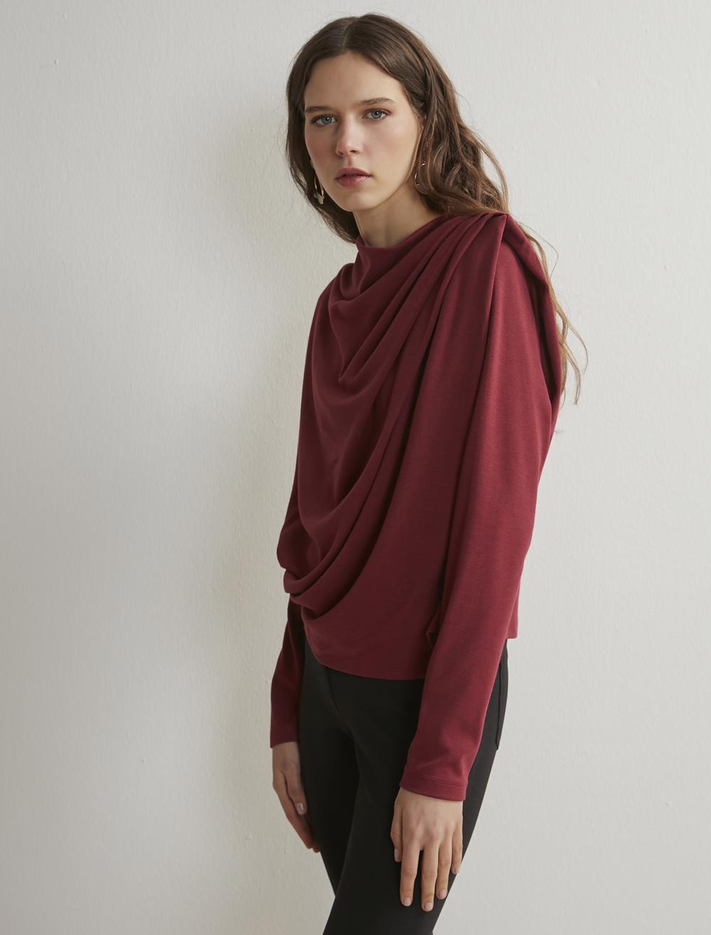 Bayan Bordo Vatkalı Degaje Yaka Modal Sweatshirt