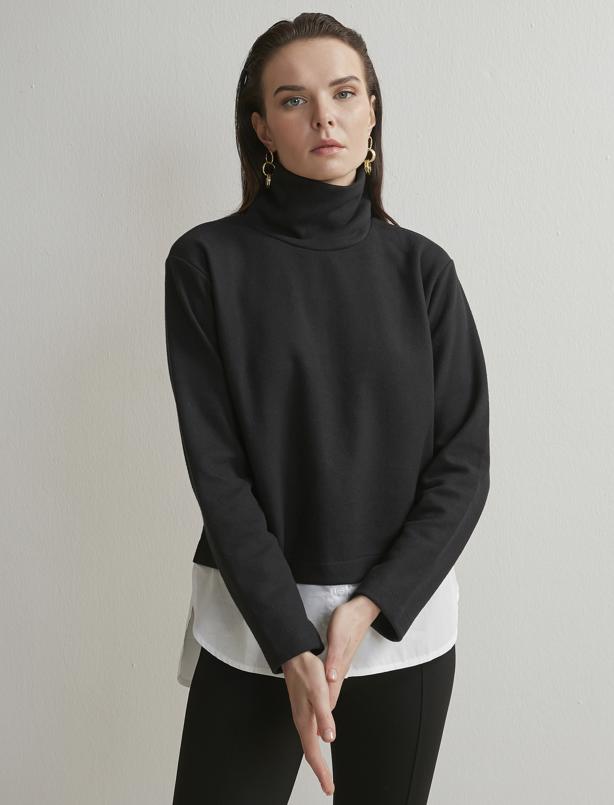 Bayan Siyah Yüksek Yaka Gömlek Detaylı Sweatshirt