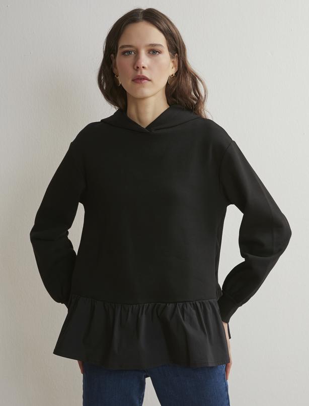 Bayan Siyah Etek Ucu Gömlek Detaylı Kapüşonlu Sweatshirt